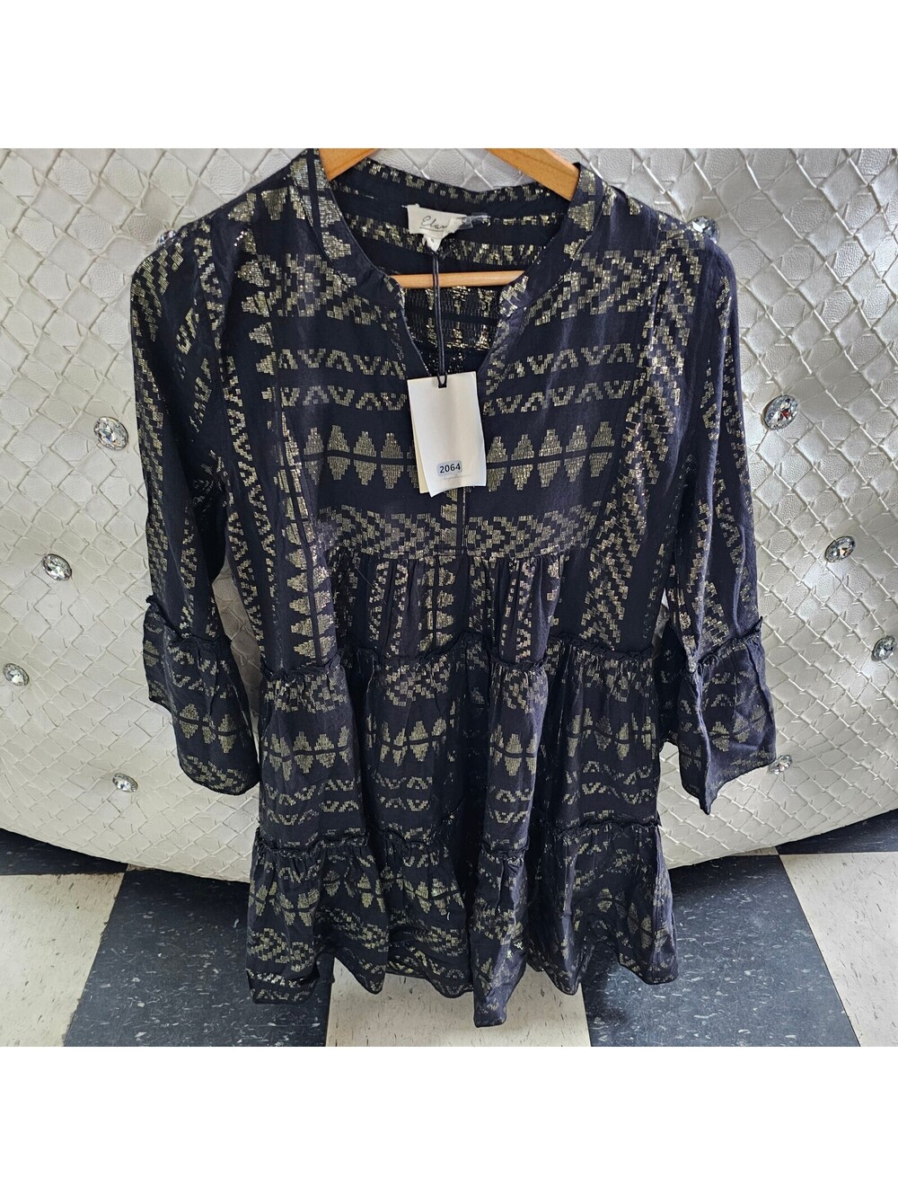 Elan Small Black and Gold Metallic Patterned Dress SMALL NEW